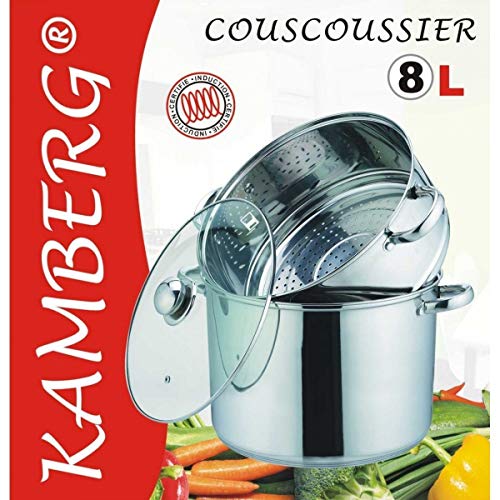 Kamberg - 0008071 - Cuscusera / Al vapor / Olla - 3 en 1 - 24 cm - 8 Litros - Acero Inoxidable Alta Calidad - Tapa de Vidrio - Todos los incendios, incluida la inducción