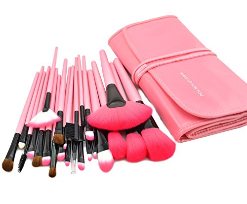 KanCai® 24 PCS pinceles de maquillaje profesional de mango de madera sintética cosméticos kit de pinceles y brochas de maquillaje con estuche de piel