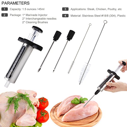 KAYCROWN Mejor Utensilios de Cocina Carne inyector Kit de Acero Inoxidable Adobo inyector Sabor con 2 Profesionales Adobo Agujas y See-Thru Ventana con medición, Bono de Limpieza Cepillos