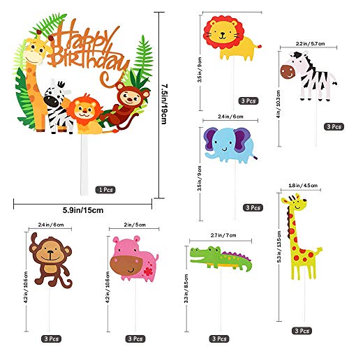 Keilafu Primeros de la torta, pancarta de pastel, Juego de 29 adornos para decoración de tartas de feliz cumpleaños para niños, adornos para cupcakes con tema de zoológico de dibujos animados