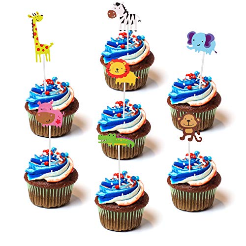 Keilafu Primeros de la torta, pancarta de pastel, Juego de 29 adornos para decoración de tartas de feliz cumpleaños para niños, adornos para cupcakes con tema de zoológico de dibujos animados