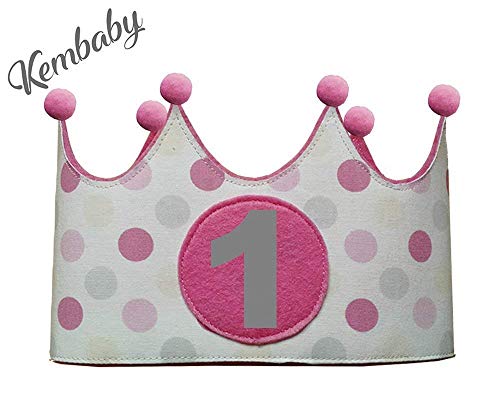 Kembilove Corona Primer Cumpleaños Bebe – Corona Tela Cumpleaños – Corona Cumpleaños Infantil – Corona Primer Cumpleaños – Corona Niño y Niña – Corona Lunares Rosas