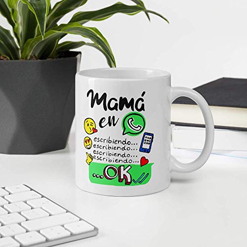 Kembilove. Taza de Desayuno de la Mejor Madre – Taza de café con Frases Graciosas y Originales Mamá en Whatsapp. Escribiendo – Regalo Original para el día de la Madre 5 Modelos Diferentes