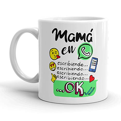 Kembilove. Taza de Desayuno de la Mejor Madre – Taza de café con Frases Graciosas y Originales Mamá en Whatsapp. Escribiendo – Regalo Original para el día de la Madre 5 Modelos Diferentes