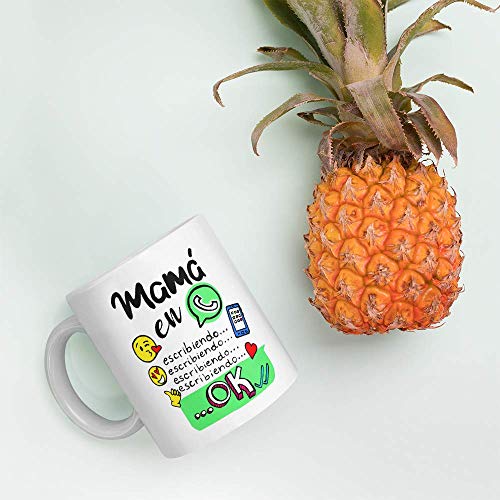 Kembilove. Taza de Desayuno de la Mejor Madre – Taza de café con Frases Graciosas y Originales Mamá en Whatsapp. Escribiendo – Regalo Original para el día de la Madre 5 Modelos Diferentes