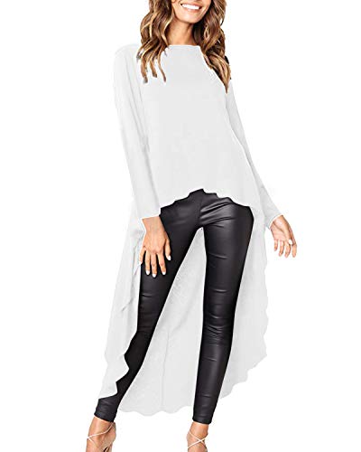 kenoce Blusa de Mujer Irregular Maxi Blusa Sueltas Largas Cuello Redondo y Manga Larga 3/4 Elegante Fiesta Cóctel Noche D-Blanco M