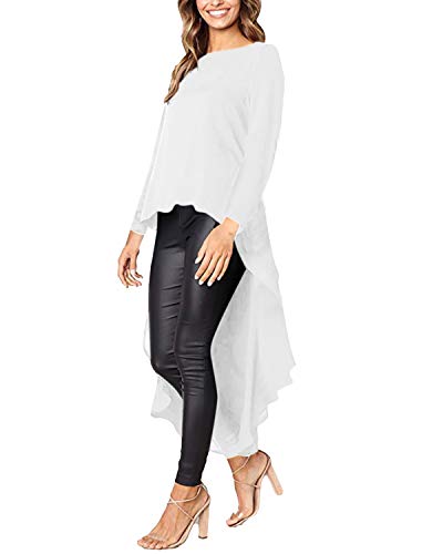 kenoce Blusa de Mujer Irregular Maxi Blusa Sueltas Largas Cuello Redondo y Manga Larga 3/4 Elegante Fiesta Cóctel Noche D-Blanco M