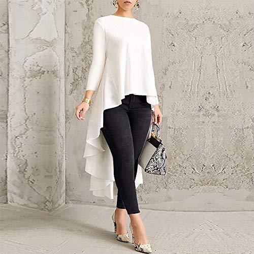 kenoce Blusa de Mujer Irregular Maxi Blusa Sueltas Largas Cuello Redondo y Manga Larga 3/4 Elegante Fiesta Cóctel Noche D-Blanco M