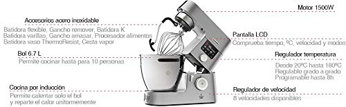 Kenwood Cooking Chef KCC9060S - Robot de cocina por inducción (20 - 180º), 1500 W, pantalla LCD, bol de 4.5 L, incluye batidora de vaso ThermoResist, procesador de alimentos y accesorios inox premium