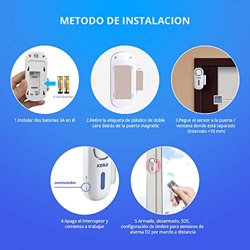 KERUI D2 Alarma de Puerta y Ventana inalámbrico con 120 dB Sonido y Luz para Sistema de Alarma Seguridad Casa, Kit Alarma para Hogar DIY Tal como Sensor Puerta/Detector Movimiento, Fácil de Instalar