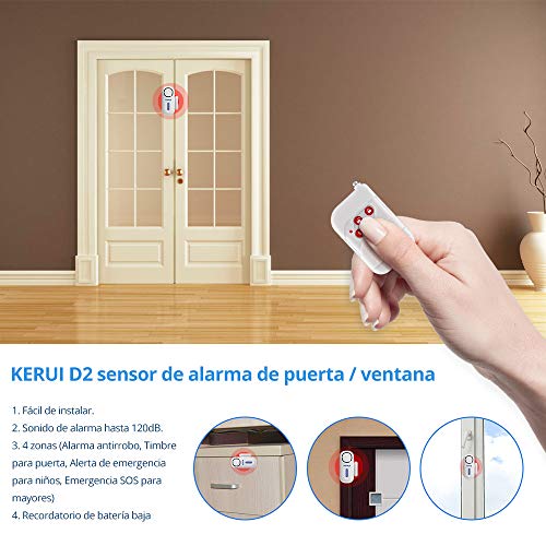 KERUI D2 Alarma de Puerta y Ventana inalámbrico con 120 dB Sonido y Luz para Sistema de Alarma Seguridad Casa, Kit Alarma para Hogar DIY Tal como Sensor Puerta/Detector Movimiento, Fácil de Instalar