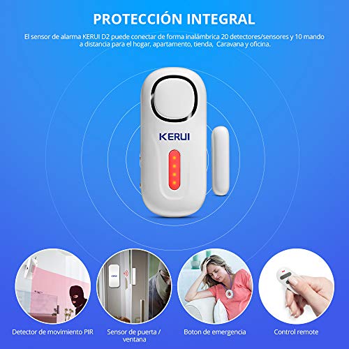 KERUI D2 Alarma de Puerta y Ventana inalámbrico con 120 dB Sonido y Luz para Sistema de Alarma Seguridad Casa, Kit Alarma para Hogar DIY Tal como Sensor Puerta/Detector Movimiento, Fácil de Instalar