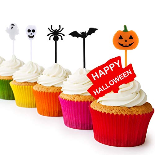 Kesote 100 Piezas de Halloween Toppers para Tartas Toppers de Plástico en Forma de Calabaza, Fantasma, Murciélago, Cráneo y Araña Decoración para Pasteles, Bocadillos, Bocadillos, Cupcake