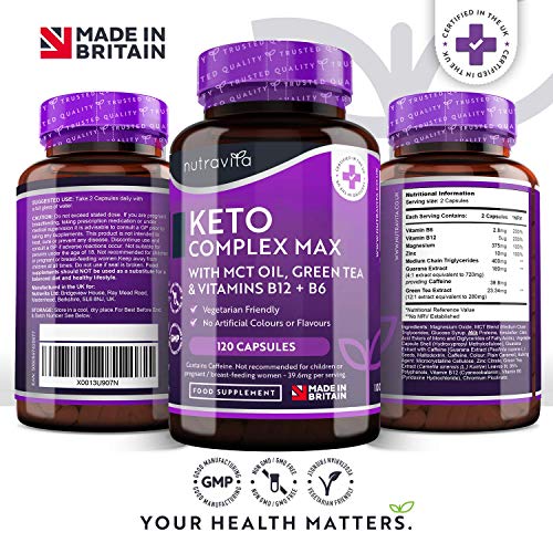 Keto Complex Max - Suministro para 2 mes (120 cápsulas) - Píldoras Dietéticas Keto para Hombres y Mujeres - MCT, té verde, vitaminas y minerales – combinar con dieta keto - fabricado por Nutravita