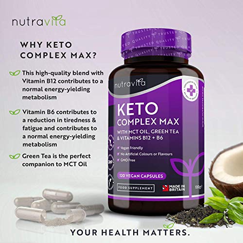 Keto Complex Max - Suministro para 2 mes (120 cápsulas) - Píldoras Dietéticas Keto para Hombres y Mujeres - MCT, té verde, vitaminas y minerales – combinar con dieta keto - fabricado por Nutravita