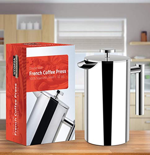 KICHLY (1L / 1000 ml) 8 tazas Cafetera Francesa Doble Pared - espresso y tetera Acero inoxidable