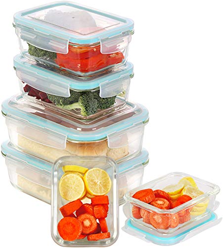 KICHLY Recipiente - Contenedor de Almacenamiento de Alimentos de Vidrio - 12 piezas (6 envases + 6 tapas) Tapas transparentes - Sin BPA - Para la Cocina o el Restaurante de Uso Doméstico