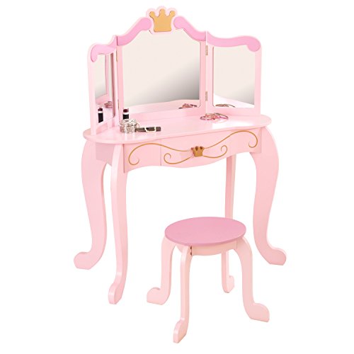 KidKraft- Princess Juego de tocador con espejo y taburete de madera, cuarto de juegos para niños/muebles de dormitorio, Color Rosa (76123)