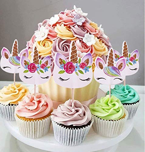 Killow Unicornio decoración Tarta, Unicornio Toppers Tarta Cake Topper+ cumpleaños Accesorios círculos + 48 Piezas Cupcake Topper Doble Sided, Decoraciones para Fiesta de cumpleaños, Baby Shower