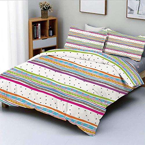 KIMDFACE Bedding Juego de Funda de Edredón, Rayas onduladas abstractas Lunares Cintas Arcos y Corazones Ilustraciones con Dibujos Femeninos Juego de Cama Decorativo de 3 Piezas 2 Fundas de Almohada