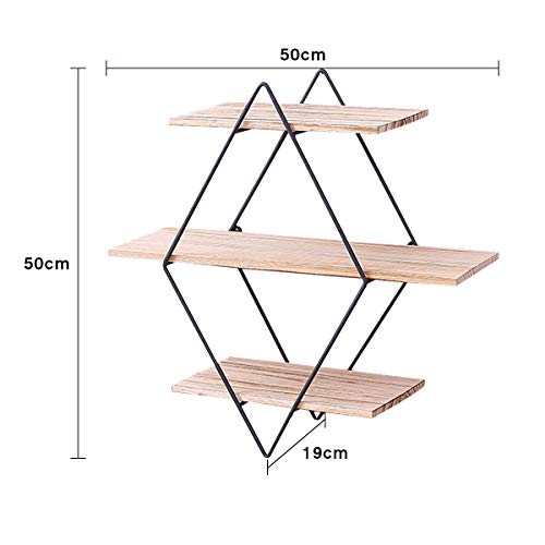 KING DO WAY Estantería de Pared Rombo Acero Inoxidable, Baldas Flotantes con 3 tabelettes Madera, Decorativa Retro Almacenaje/Salón/Dormitorio/Cocina/Café, 50 x 50 x 19 cm