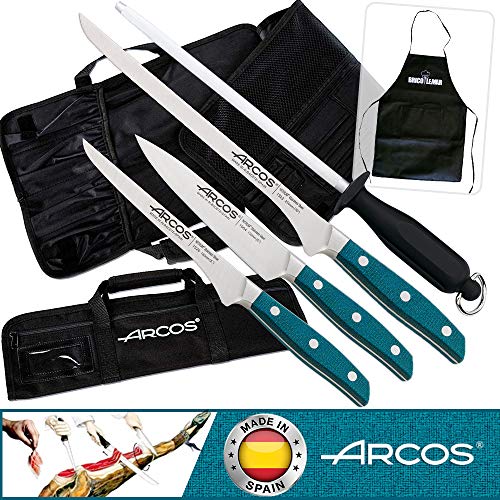 Kit Cuchillos Jamoneros Profesionales Arcos Brooklyn y Maletín Protector, Cuchillo Jamonero, Deshuesador, Cuchillo Cocinero y Chaira - Acero Inoxidable - Kabra