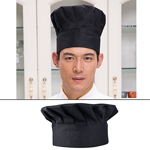 (Kit de 2) Unisex Delantal Mandil Original de Peto de Chef de Cocina + Gorro Cocinero para Hombre Mujer Negro Talla Única