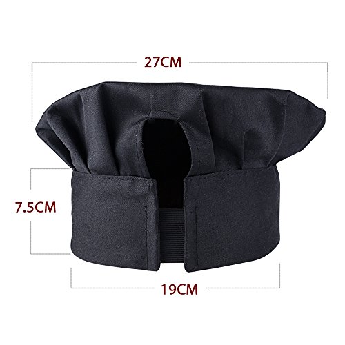 (Kit de 2) Unisex Delantal Mandil Original de Peto de Chef de Cocina + Gorro Cocinero para Hombre Mujer Negro Talla Única