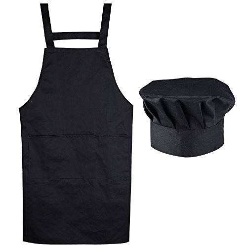 (Kit de 2) Unisex Delantal Mandil Original de Peto de Chef de Cocina + Gorro Cocinero para Hombre Mujer Negro Talla Única