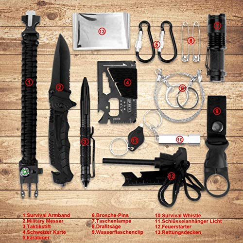 Kit de supervivencia LC-dolida 15 en 1, kit de supervivencia de emergencia al aire libre con cuchillo / linterna táctica para acampar / bushcraft / senderismo / caza / aventuras al aire libre