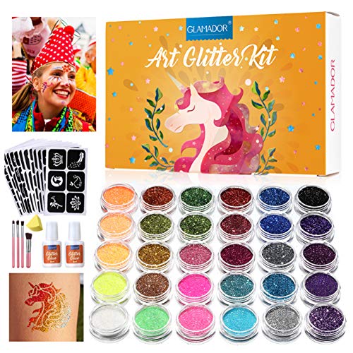 Kit de Tatuajes Temporales-GLAMADOR Brillo de Tatuaje 30 Colores, 145 Únicas Plantillas,4 Pinceles-Carnaval,Fiestas Cumpleaños,Eventos- Impermeable,No Tóxico,Regalo para Niños