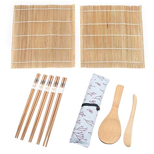 Kit para hacer sushi, 10 unidades, incluye 5 pares de palillos, 2 esterillas de sushi, 1 paleta de arroz, 1 esparcidor de arroz para hacer tu propio sushi en casa