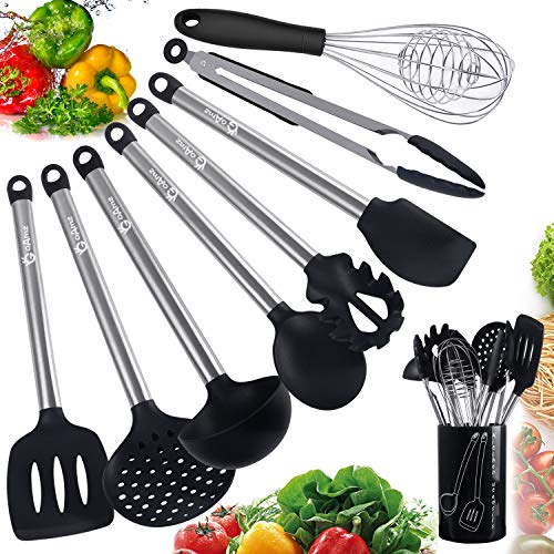 Kit Utensilios de Cocina Silicona Set Herramientas Antiadherentes de Cocción 9 Piezas Resistentes al Calor Acero Inoxidable con Cuchara Silicona,Batidor Manual