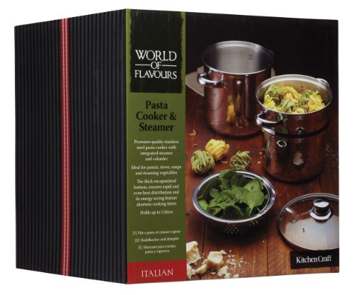 Kitchen Craft World of Flavours-Olla para Pasta con colador y Cesta vaporera de Verduras (Acero Inoxidable), Plateado, 20 cm