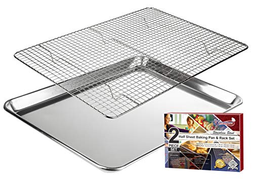 KITCHENATICS Bandeja para Asar y Hornear con Rejilla de Alambre: Aluminio Bandeja para Horno con Rejilla de Enfriamiento Rustidera de Acero Inoxidable - 33 x 45 cm