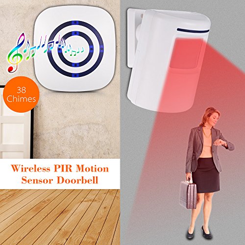 KKmoon Timbre para Puerta Inalámbrico, Sensor de Movimiento PIR, 110dB, 38 Melodías Opcionales, Volumen Ajustable, Rango de Detección por Infrarrojos Aproximadamente 7 Metros, Avisador de Presencia