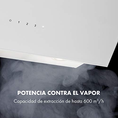 Klarstein Alina extractor de humos inclinado – 60 cm, 600 m³/h, 3 niveles, clase A, luz ambiental RGB, extracción y ventilación, táctil, luces LED, vidrio frontal, campana extractora de pared, blanco