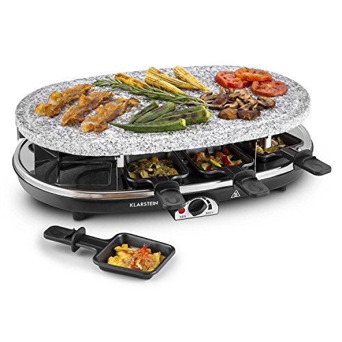 Klarstein All-U-Can Steaklette Raclette - Parrilla de mesa, Barbacoa-Party, 1500W, regulador de temperatura, Plancha de granito, Crepera, plancha para tortitas, 8 mini-sartenes, Negro-plateado