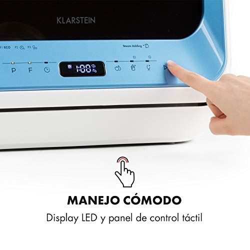 Klarstein Amazonia Mini - Lavavajillas, Máquina lavaplatos, 6 programas incluyendo eco, Necesita 5 litros de agua, Pantalla LED, Táctil, Azul