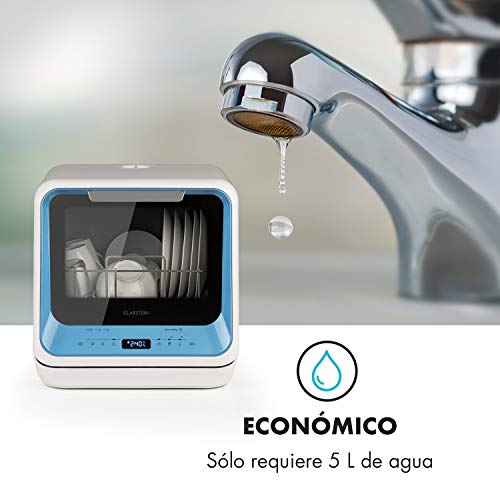 Klarstein Amazonia Mini - Lavavajillas, Máquina lavaplatos, 6 programas incluyendo eco, Necesita 5 litros de agua, Pantalla LED, Táctil, Azul