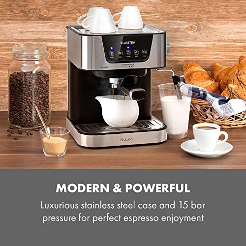 Klarstein Arabica Cafetera de espressos - 1050 W de potencia, 15 bares, Depósito de 1,5 litros, Pantalla LED digital, Rejilla lavable, Espumadera, Depósito de agua extraíble, Acero inoxidable