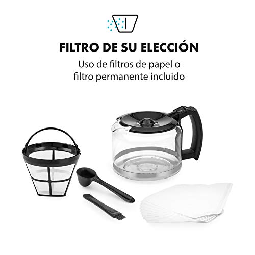 Klarstein Aromatica II - Máquina de café con molinillo cónico, 5 niveles, Jarra de cristal 1,25 L, Temporizador 24h, Filtro de carbón activo, Potencia 1000 W, Antigoteo, Display LED, Negro