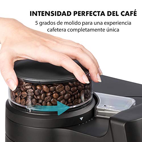 Klarstein Aromatica II - Máquina de café con molinillo cónico, 5 niveles, Jarra de cristal 1,25 L, Temporizador 24h, Filtro de carbón activo, Potencia 1000 W, Antigoteo, Display LED, Negro