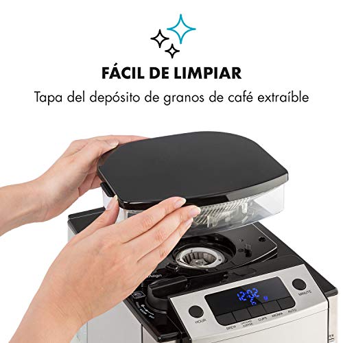 KLARSTEIN Aromatica X Máquina de café con molinillo conico- 3 Niveles de molido, Temporizador Regulable, Pantalla LED, Conserva el Calor, hasta 12 Tazas, Acero Inoxidable, Jarra de Cristal, Plateado