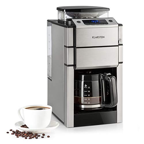 KLARSTEIN Aromatica X Máquina de café con molinillo conico- 3 Niveles de molido, Temporizador Regulable, Pantalla LED, Conserva el Calor, hasta 12 Tazas, Acero Inoxidable, Jarra de Cristal, Plateado