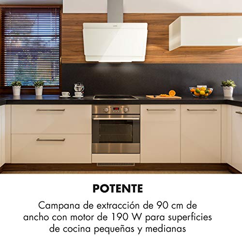 Klarstein Aurica 90 Extractor de humos - Extractor de pared, 90 cm de ancho, 610 m³/h, Control táctil, Vidrio, Circulación y extracción de aire, Blanco