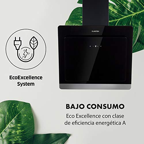 Klarstein Aurora Eco - Campana extractora, 550 m³/h, Bajo Consumo, Eco Excellence, Display LED, Balanced Light Concept , 3 Niveles, Diseño Compacto, Clase fluidodinámica A++, Negro