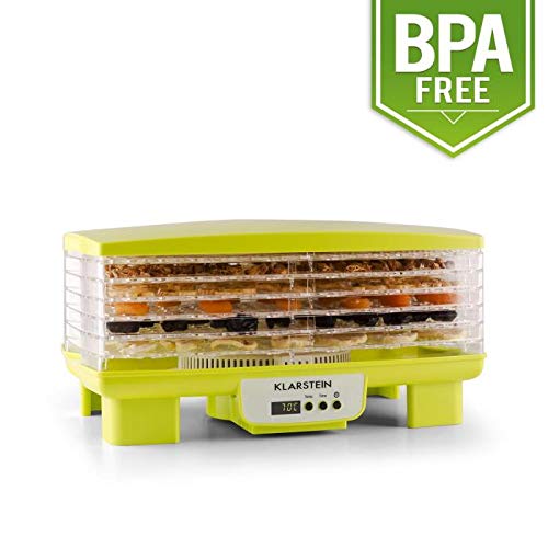 Klarstein Bananarama - Desecadora, Secadora automática, Secadora de fruta y carne, 6 pisos, Apilable, 550 W, Temperatura regulable, Circulación de aire, Pantalla LCD, Temporizador, Amarillo