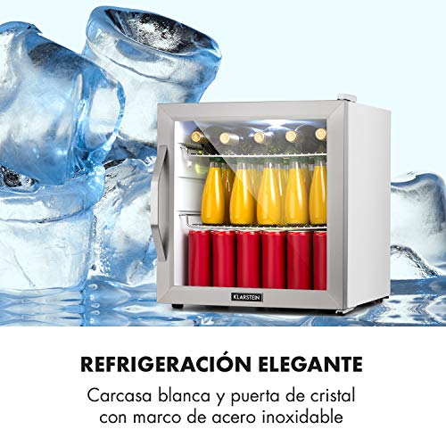 Klarstein Beersafe Crystal White - Mininevera, Minibar, Nivel acústico 42 dB, Iluminación LED, 2 Rejillas de metal, Acero inoxidable, Puerta acristalada, Volumen 47 L, Blanco