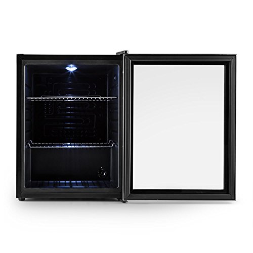 Klarstein Beersafe - Nevera con puerta acristalada, Mininevera, Minibar, Iluminación LED, Acero inoxidable, 5 niveles de frío, 42 dB, 2 rejillas metálicas extraíbles, A++, 60 litros, Negro